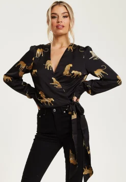 Women's Leopard Print Wrap Top with Long Sleeves, Tie Waist, Crop Style, Tiger Pattern, Perfect for Any Occasion