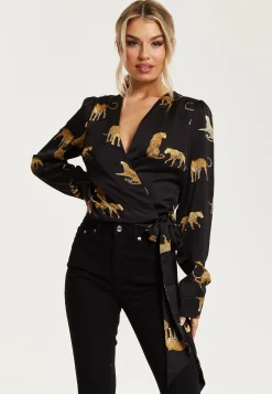 Women's Leopard Print Wrap Top with Long Sleeves, Tie Waist, Crop Style, Tiger Pattern, Perfect for Any Occasion