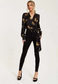 Women's Leopard Print Wrap Top with Long Sleeves, Tie Waist, Crop Style, Tiger Pattern, Perfect for Any Occasion