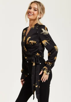 Women's Leopard Print Wrap Top with Long Sleeves, Tie Waist, Crop Style, Tiger Pattern, Perfect for Any Occasion