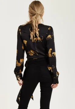 Women's Leopard Print Wrap Top with Long Sleeves, Tie Waist, Crop Style, Tiger Pattern, Perfect for Any Occasion