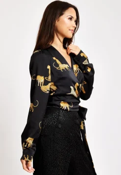 Women's Leopard Print Wrap Top with Long Sleeves, Tie Waist, Crop Style, Tiger Pattern, Perfect for Any Occasion