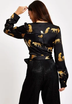 Women's Leopard Print Wrap Top with Long Sleeves, Tie Waist, Crop Style, Tiger Pattern, Perfect for Any Occasion
