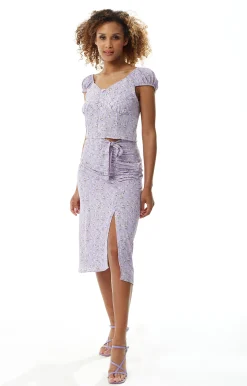 Women's Lilac Floral Tie Detail Midi Skirt with Front Slit - Perfect for Summer Holidays by Liquorish
