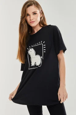 Women's Llama Oversized T-Shirt in Black - Short Sleeves, Unique Pattern, S-12 Sizes Available