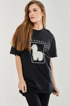 Women's Llama Oversized T-Shirt in Black - Short Sleeves, Unique Pattern, S-12 Sizes Available