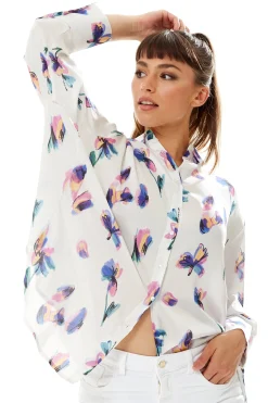 Women's Long Sleeve Floral Print Button-Up White Shirt with Collar - Regular Fit, Stylish and Versatile Design