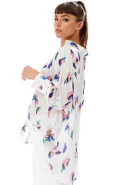 Women's Long Sleeve Floral Print Button-Up White Shirt with Collar - Regular Fit, Stylish and Versatile Design