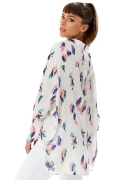 Women's Long Sleeve Floral Print Button-Up White Shirt with Collar - Regular Fit, Stylish and Versatile Design