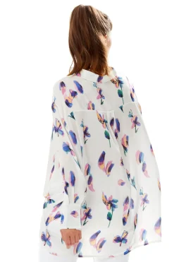 Women's Long Sleeve Floral Print Button-Up White Shirt with Collar - Regular Fit, Stylish and Versatile Design