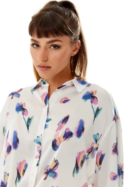 Women's Long Sleeve Floral Print Button-Up White Shirt with Collar - Regular Fit, Stylish and Versatile Design