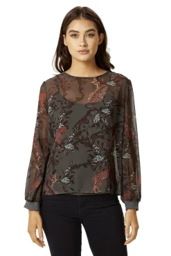 Women's Long Sleeve Khaki Leopard Print Top with Regular Fit and Vest Layering