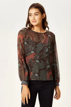 Women's Long Sleeve Khaki Leopard Print Top with Regular Fit and Vest Layering