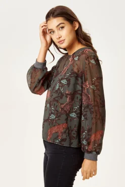 Women's Long Sleeve Khaki Leopard Print Top with Regular Fit and Vest Layering