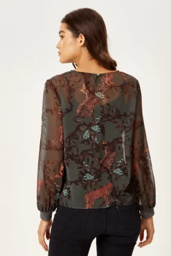 Women's Long Sleeve Khaki Leopard Print Top with Regular Fit and Vest Layering