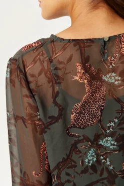 Women's Long Sleeve Khaki Leopard Print Top with Regular Fit and Vest Layering
