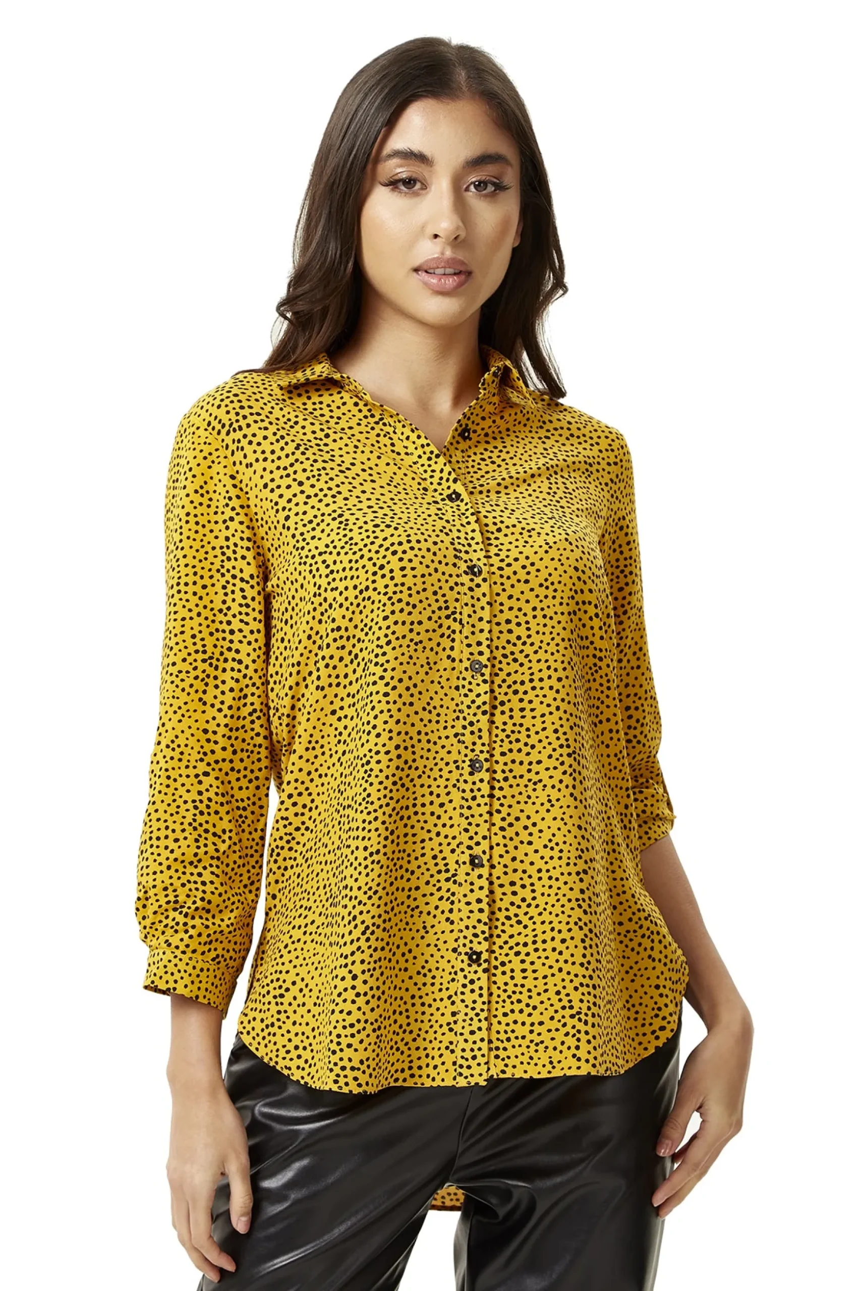 Women's Long Sleeve Mustard Polka Dot Shirt with Button Cuffs and Soft Touch Fabric, Perfect for Casual Styling