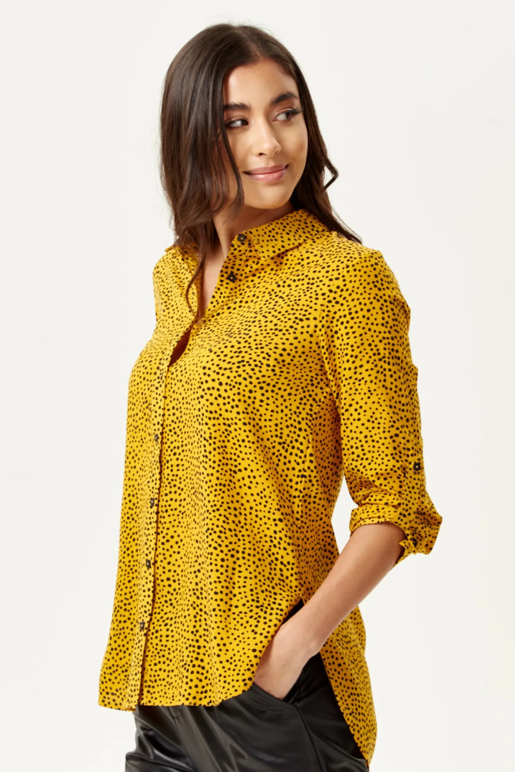 Women's Long Sleeve Mustard Polka Dot Shirt with Button Cuffs and Soft Touch Fabric, Perfect for Casual Styling