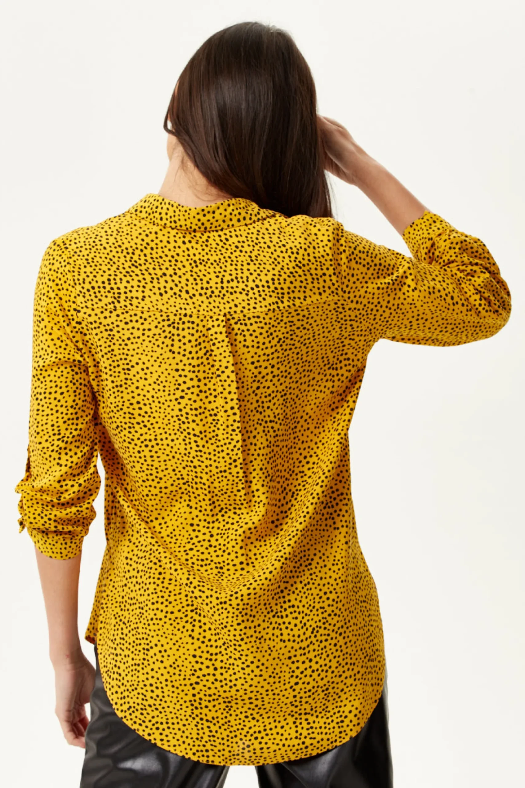 Women's Long Sleeve Mustard Polka Dot Shirt with Button Cuffs and Soft Touch Fabric, Perfect for Casual Styling
