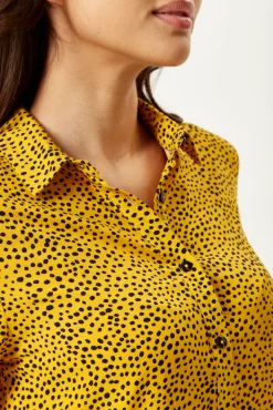 Women's Long Sleeve Mustard Polka Dot Shirt with Button Cuffs and Soft Touch Fabric, Perfect for Casual Styling