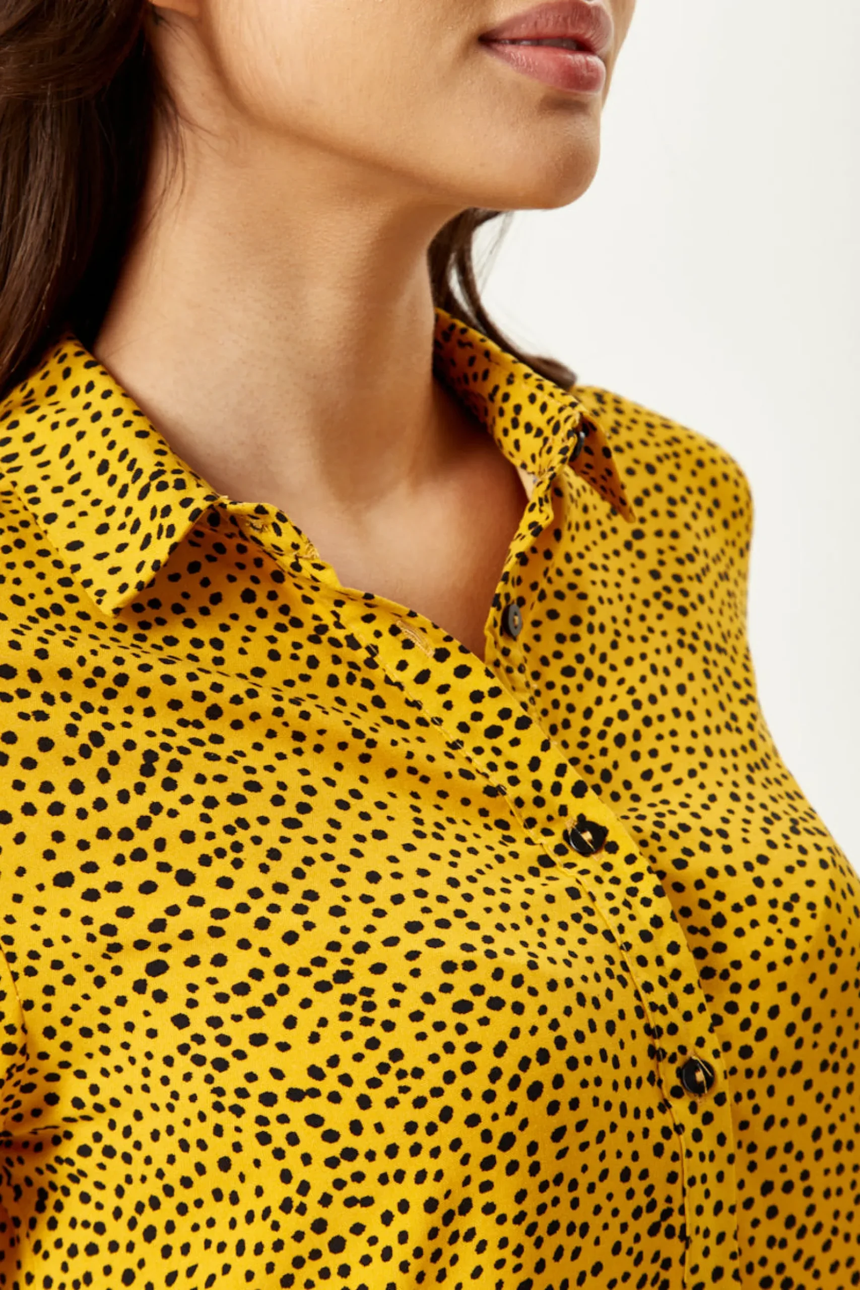 Women's Long Sleeve Mustard Polka Dot Shirt with Button Cuffs and Soft Touch Fabric, Perfect for Casual Styling