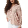 Women's Long Sleeve Nude Polka Dot Button-Up Shirt with Collar - Regular Fit, White Polka Dot Print