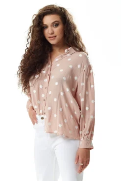 Women's Long Sleeve Nude Polka Dot Button-Up Shirt with Collar - Regular Fit, White Polka Dot Print