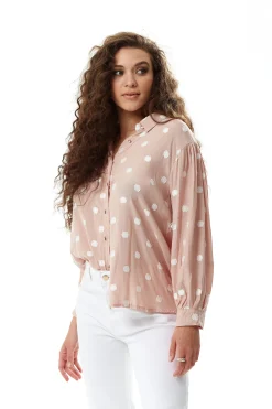 Women's Long Sleeve Nude Polka Dot Button-Up Shirt with Collar - Regular Fit, White Polka Dot Print