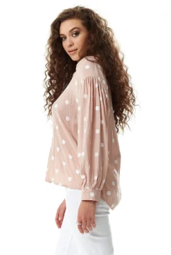 Women's Long Sleeve Nude Polka Dot Button-Up Shirt with Collar - Regular Fit, White Polka Dot Print