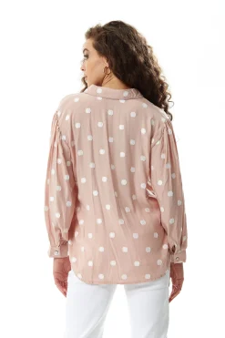 Women's Long Sleeve Nude Polka Dot Button-Up Shirt with Collar - Regular Fit, White Polka Dot Print