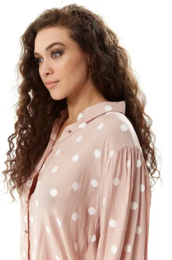 Women's Long Sleeve Nude Polka Dot Button-Up Shirt with Collar - Regular Fit, White Polka Dot Print