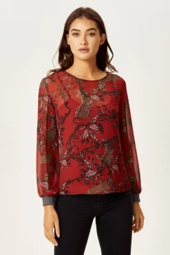 Women's Long Sleeve Red Leopard Print Top with Grey Elasticated Cuffs - Regular Fit, Perfect for Casual Wear