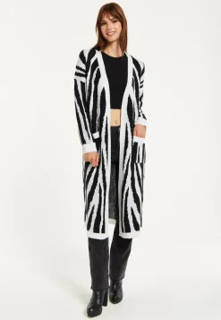 Women's Longline Black and White Zebra Pattern Cardigan with Pockets, Open Front - Liquorish