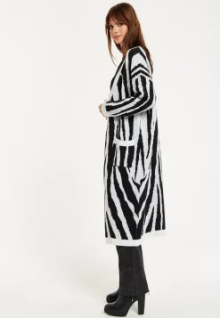 Women's Longline Black and White Zebra Pattern Cardigan with Pockets, Open Front - Liquorish