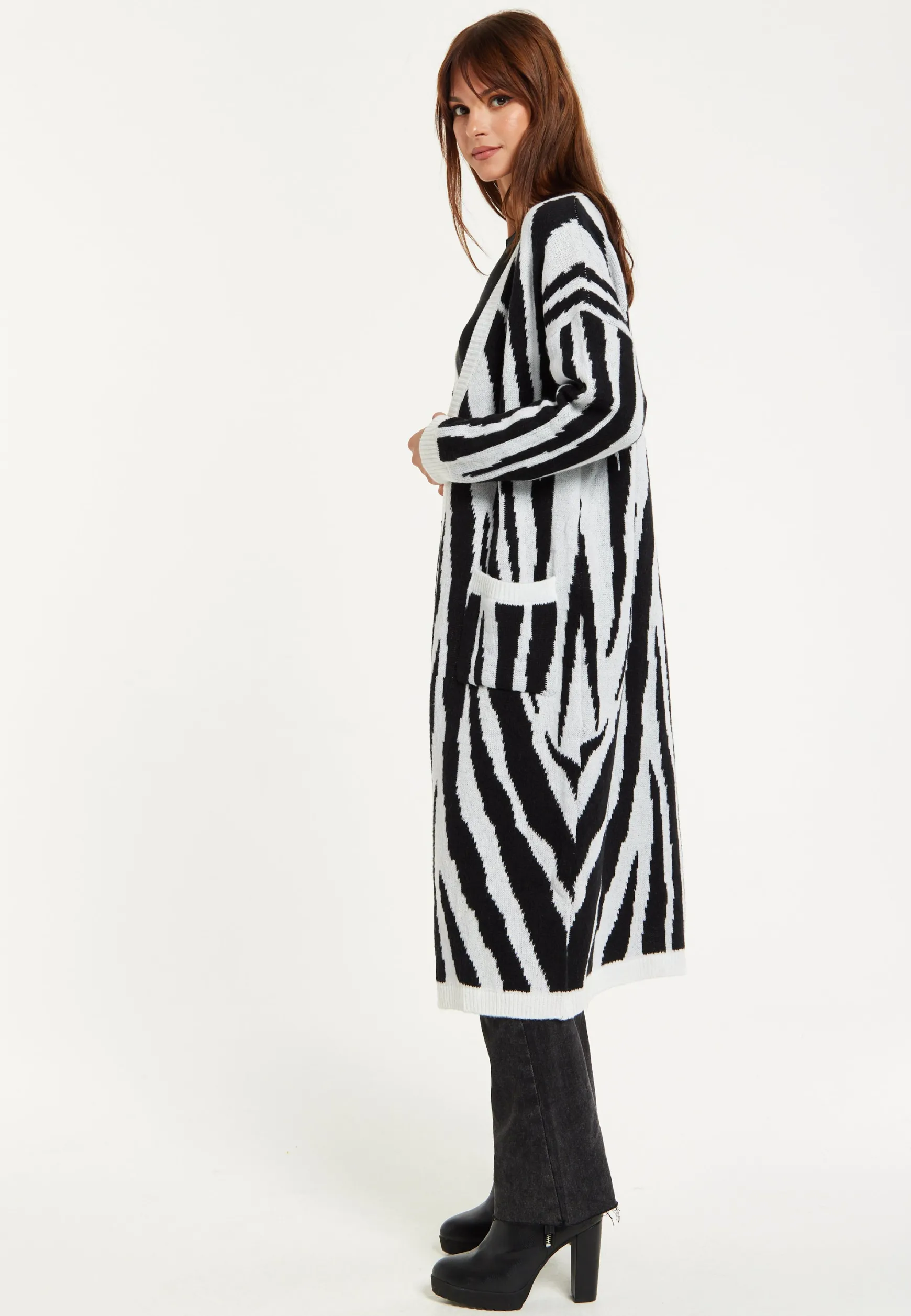 Women's Longline Black and White Zebra Pattern Cardigan with Pockets, Open Front - Liquorish