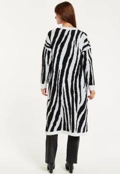 Women's Longline Black and White Zebra Pattern Cardigan with Pockets, Open Front - Liquorish