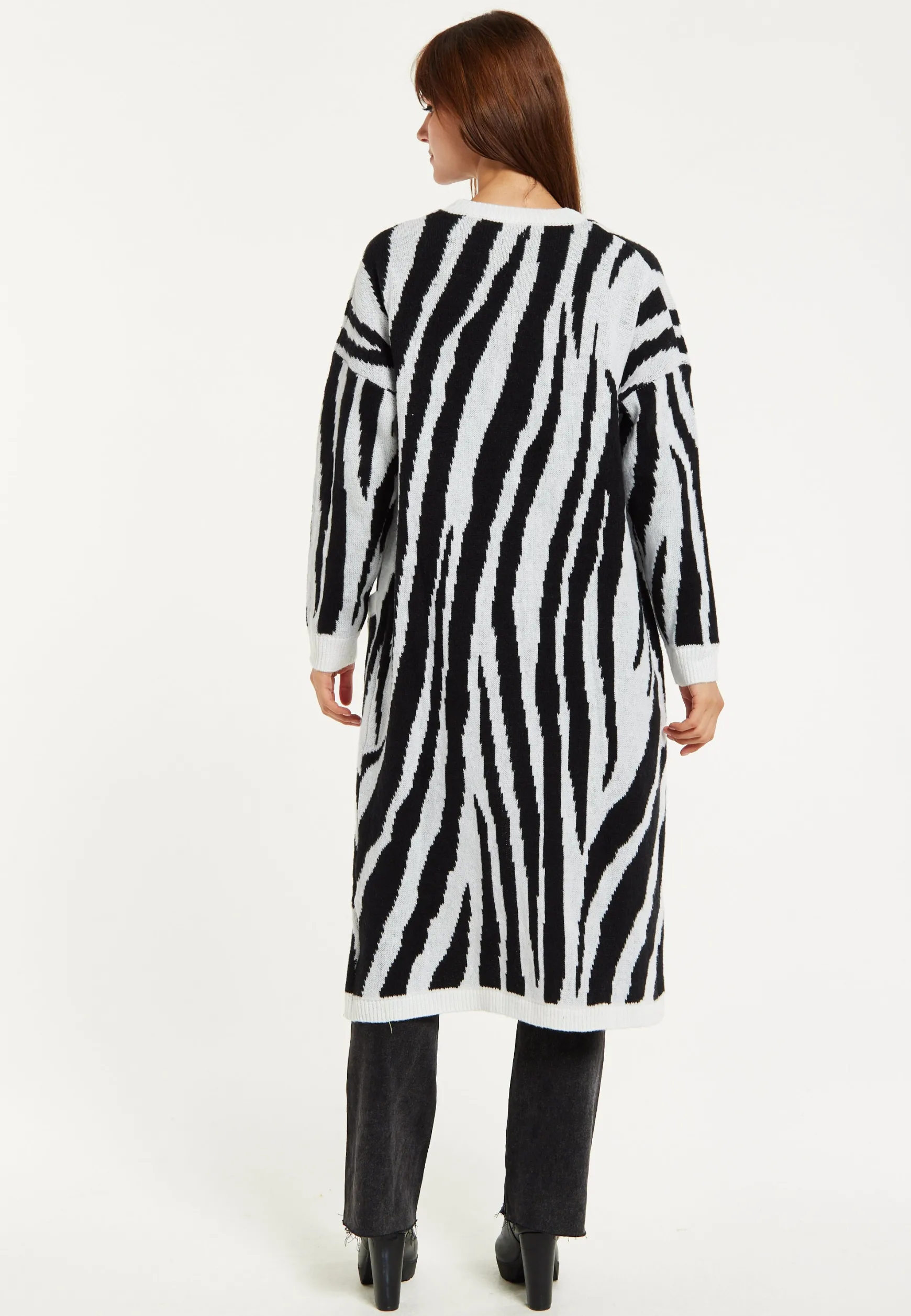 Women's Longline Black and White Zebra Pattern Cardigan with Pockets, Open Front - Liquorish