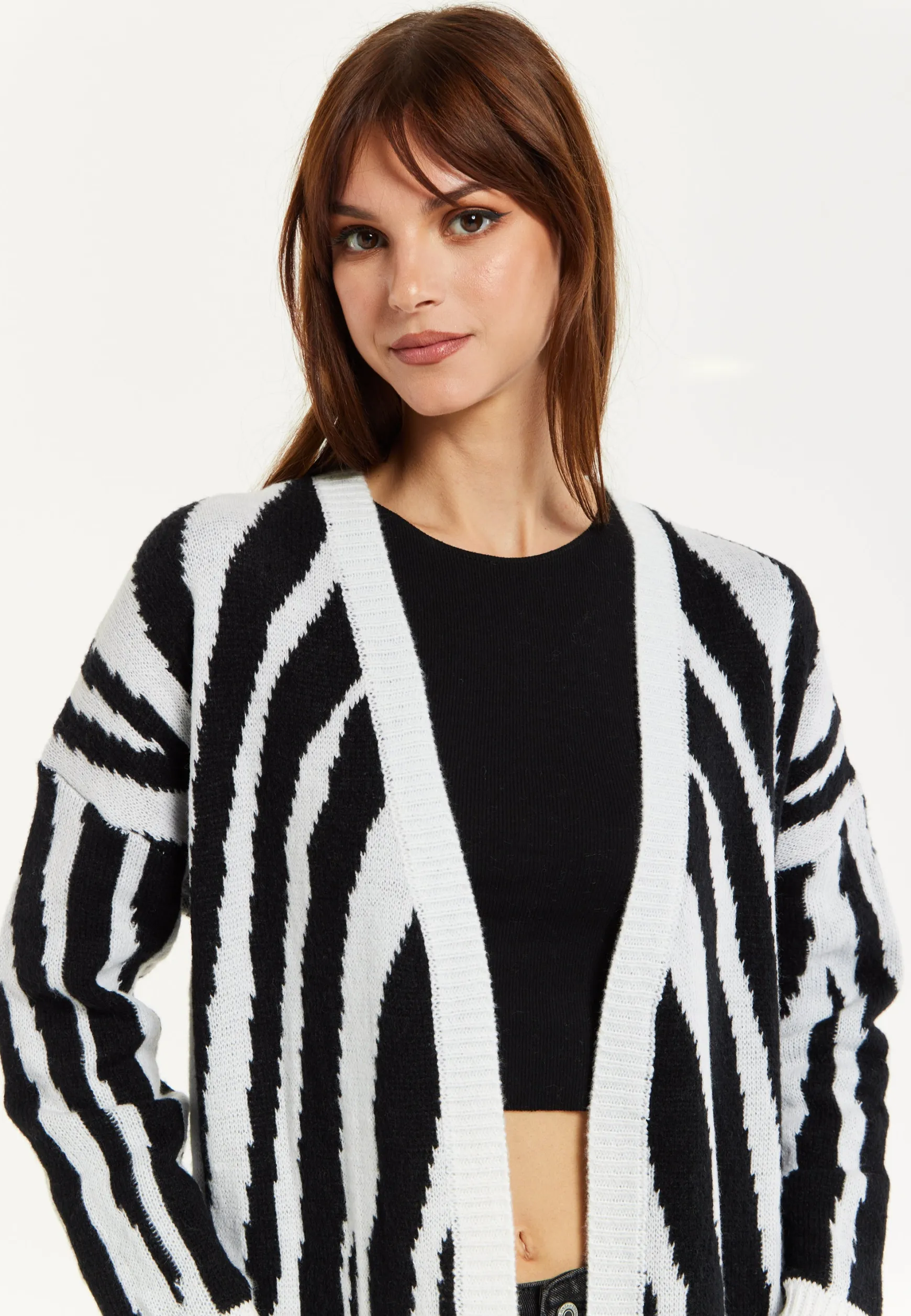 Women's Longline Black and White Zebra Pattern Cardigan with Pockets, Open Front - Liquorish
