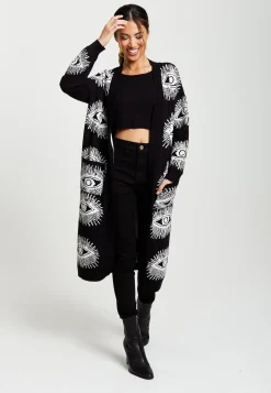 Women's Longline Black Cardigan with Eye Pattern, Open Front, Relaxed Fit - Liquorish