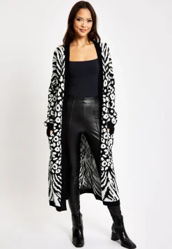 Women's Longline Cardigan in Black and White Zebra Pattern, Long Sleeves, Open Front Design - Liquorish