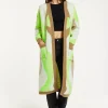 Women's Longline Cardigan in Brown, Green & White with Contrast Neckline & Pockets, Relaxed Fit, Liquorish