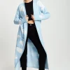 Women's Longline Cardigan in Light Blue with Cloud Pattern and Open Front Design - Liquorish