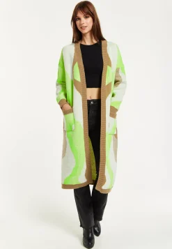 Women's Longline Cardigan in Brown, Green & White with Contrast Neckline & Pockets, Relaxed Fit, Liquorish