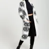 Women's Longline Cardigan with Eye Pattern, Open Front, White Color, Relaxed Fit - Liquorish