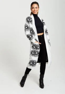 Women's Longline Cardigan with Eye Pattern, Open Front, White Color, Relaxed Fit - Liquorish