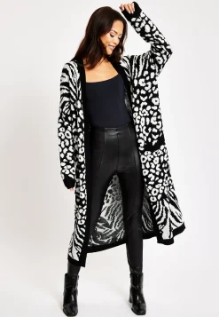 Women's Longline Cardigan in Black and White Zebra Pattern, Long Sleeves, Open Front Design - Liquorish