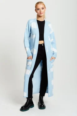 Women's Longline Cardigan in Light Blue with Cloud Pattern and Open Front Design - Liquorish