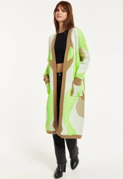 Women's Longline Cardigan in Brown, Green & White with Contrast Neckline & Pockets, Relaxed Fit, Liquorish