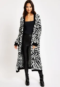Women's Longline Cardigan in Black and White Zebra Pattern, Long Sleeves, Open Front Design - Liquorish