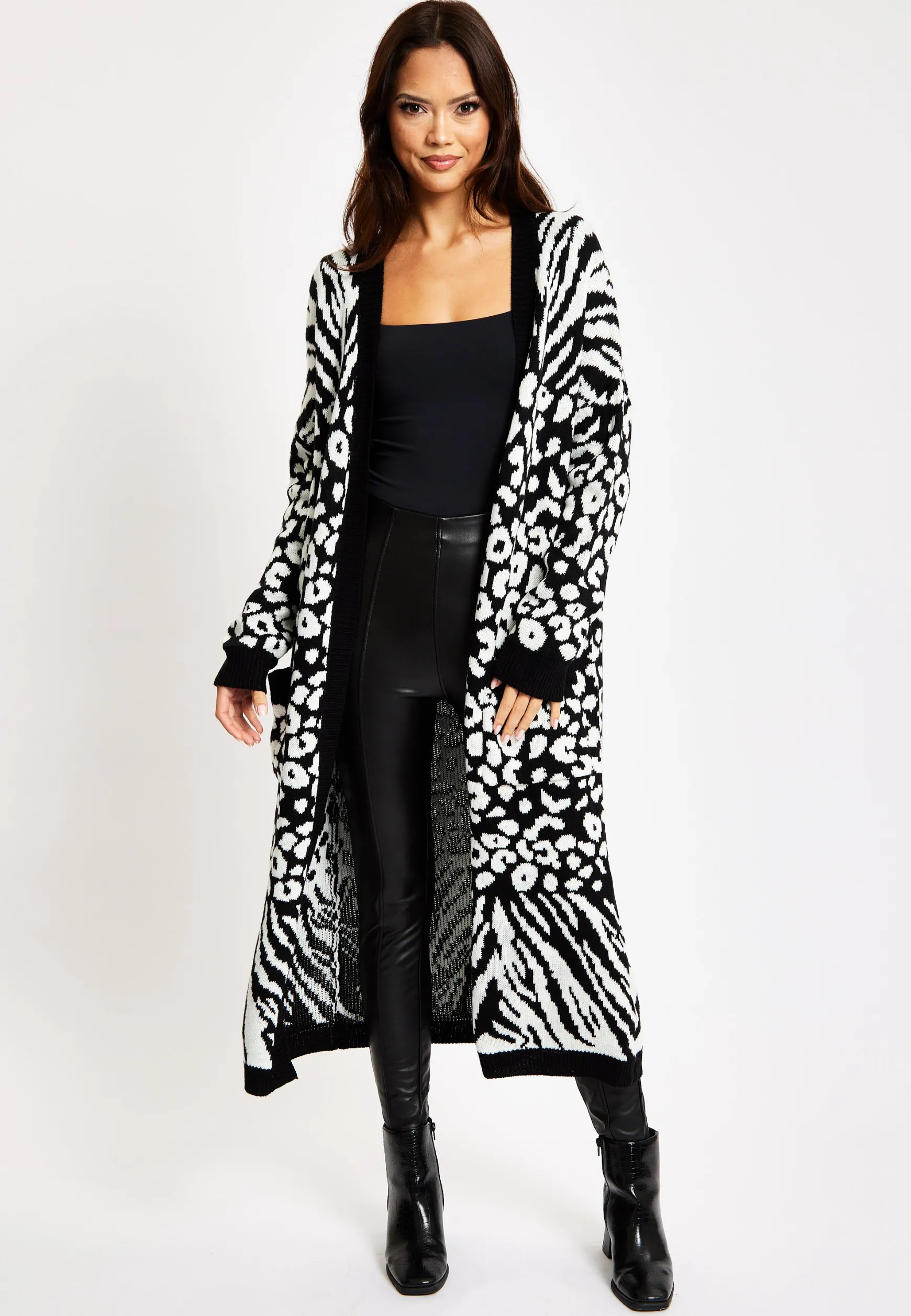 Women's Longline Cardigan in Black and White Zebra Pattern, Long Sleeves, Open Front Design - Liquorish